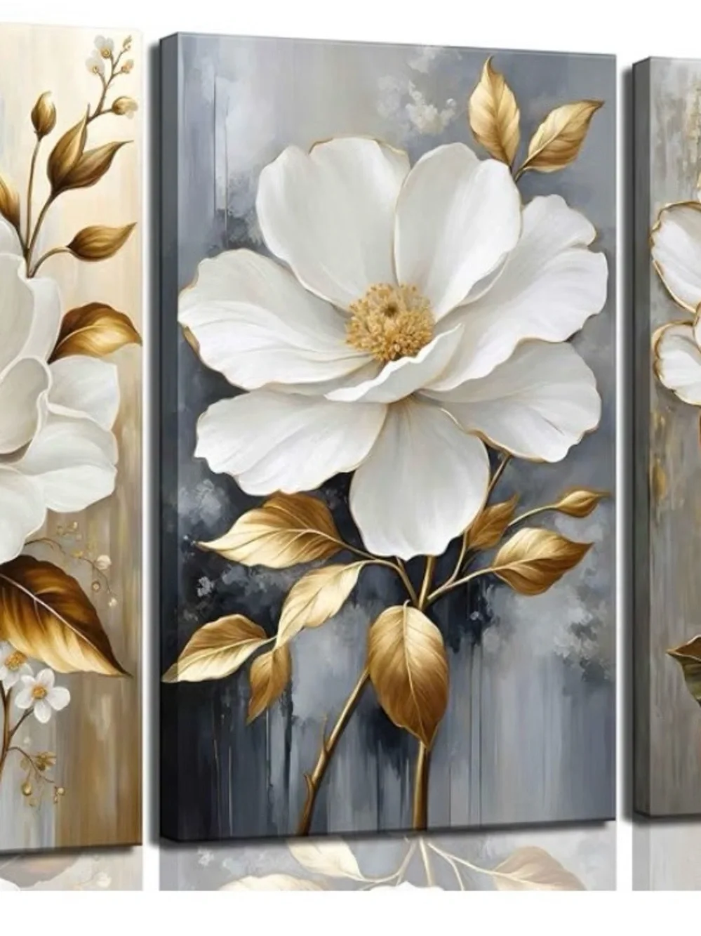 White & Gold Floral Wall Art Canvas - Elegant Home Décor